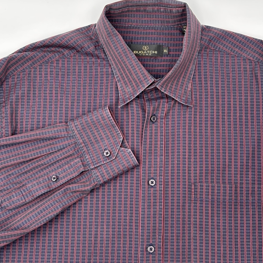 Bugatchi Uomo Shirt Mens XL Blue Red Striped Long Sleeve Cotton Dress Button